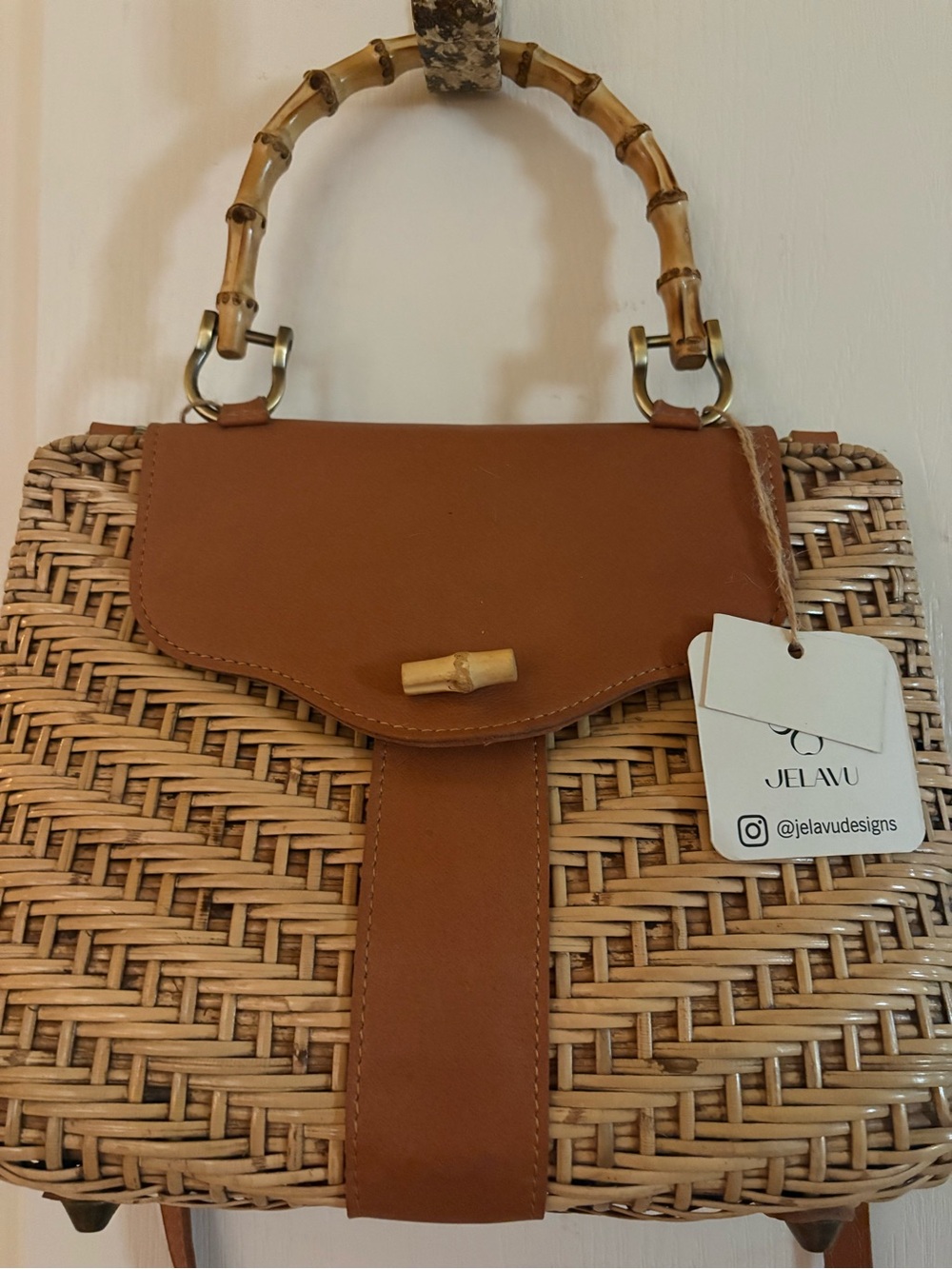 Jelavu Tan Woven Bamboo-Handle Handbag